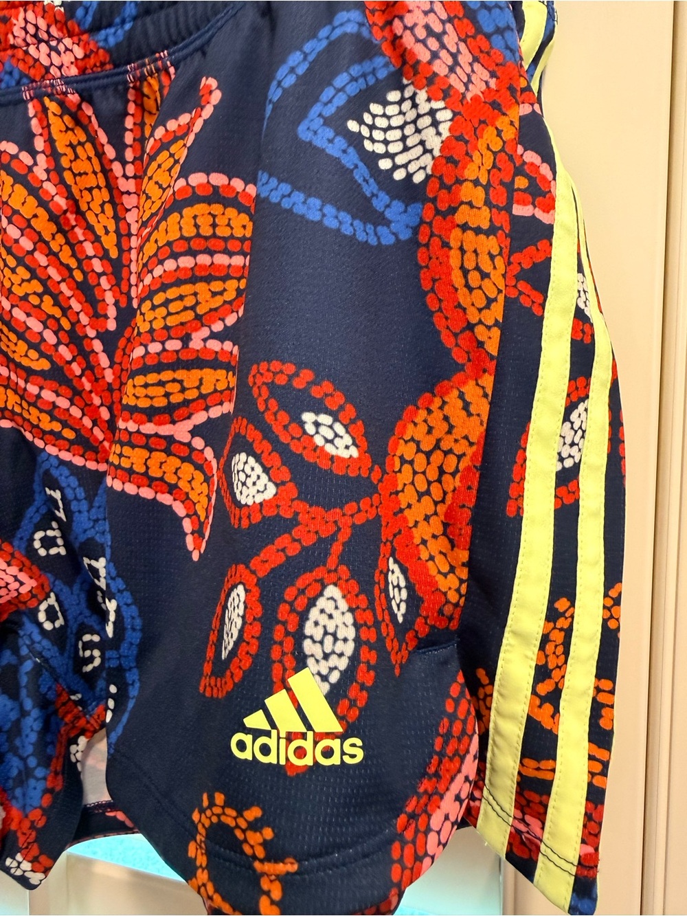 adidas x FARM Rio Women's Brazil Floral Print Athletic Shorts with Neon Stripe - Picture 3 of 6